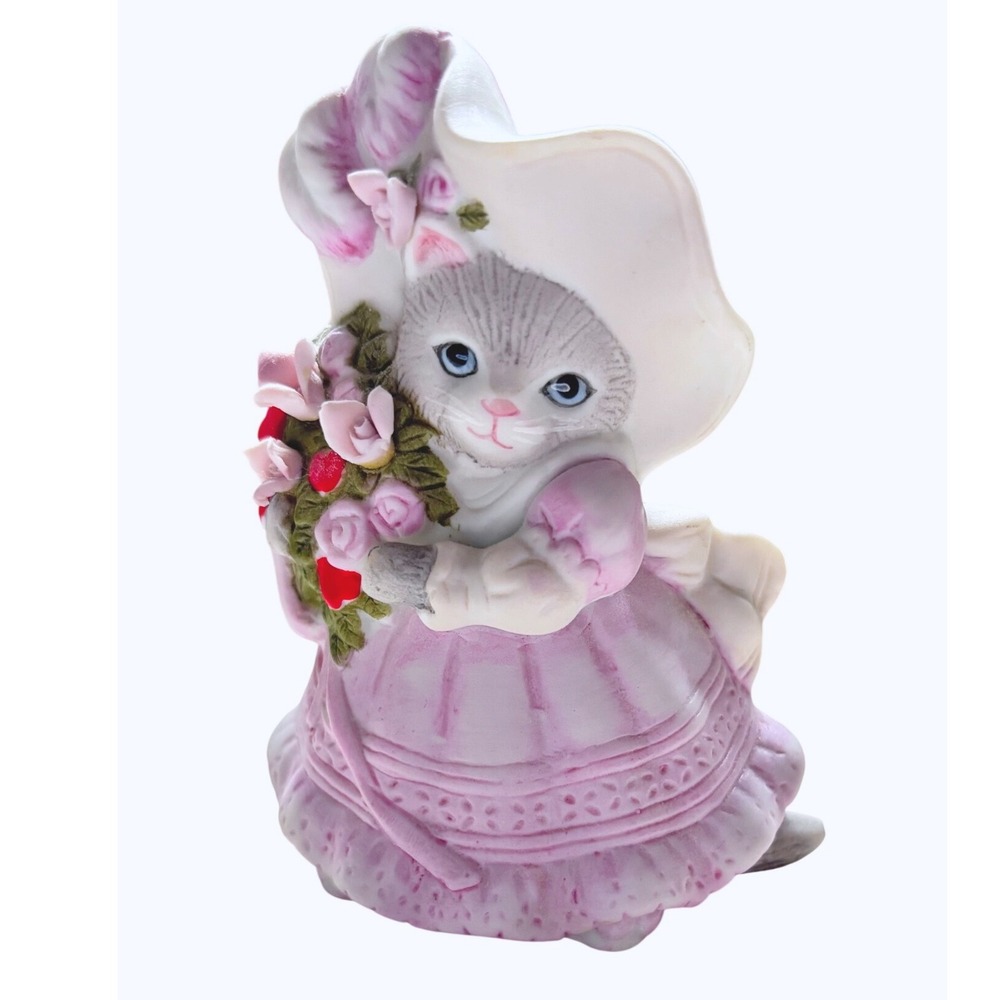 Schmid Kitty Cucumber Priscilla Cat Figurine Pink Dress Flowers 4" Vintage
